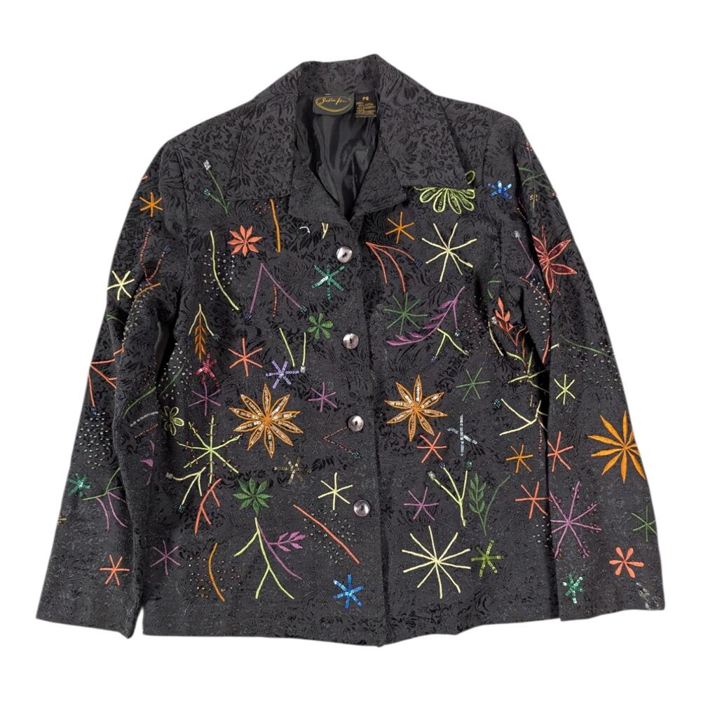 Vtg Y2K Julia Ku Black Floral Embroidered Button Up Collared Jacket P S